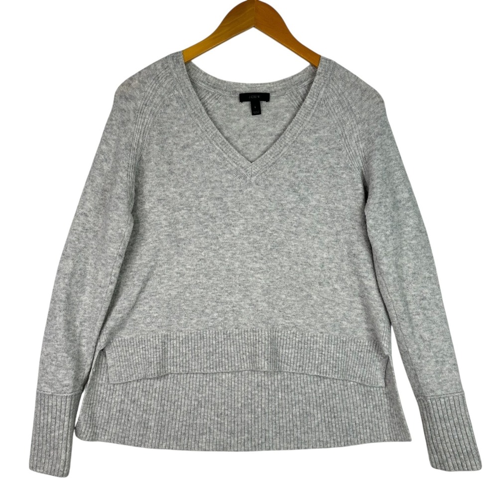 J.Crew Merino Alpaca V-Neck Sweater Gray Raglan Sleeve High-Low Rib Hem S Relax